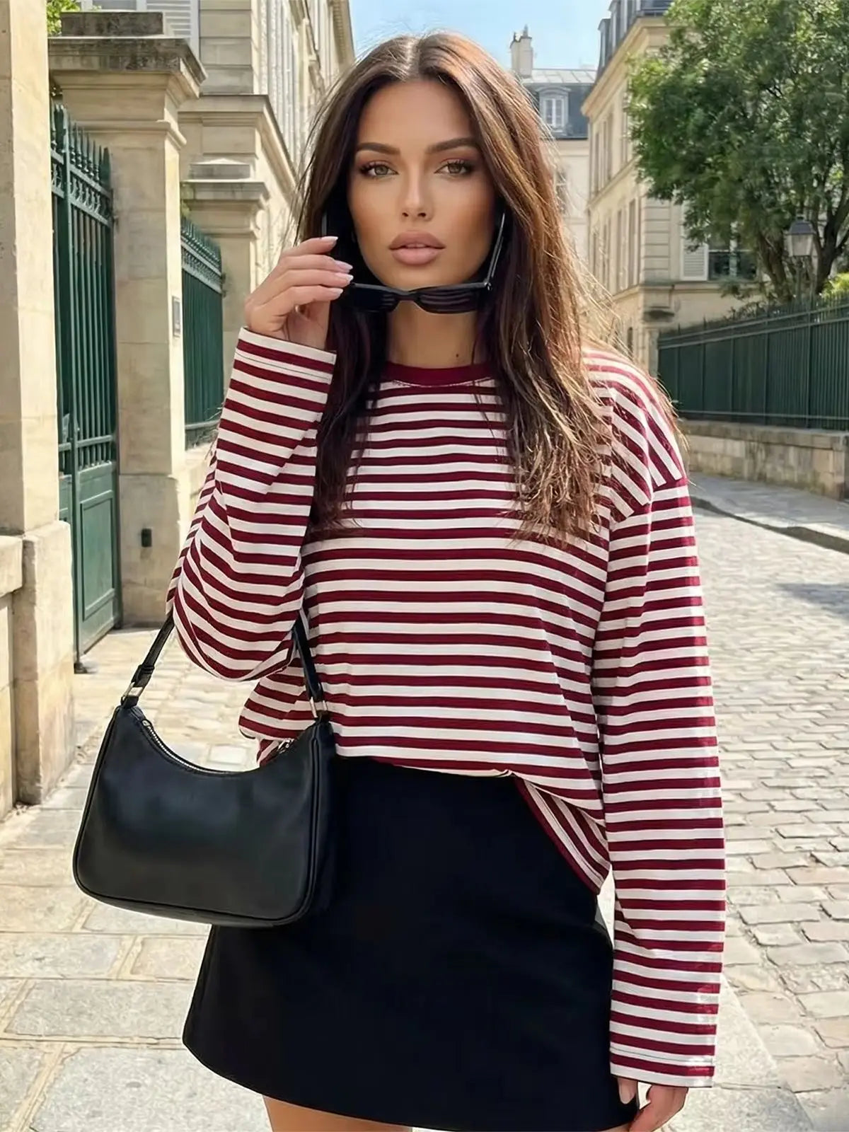 Women Long Sleeve Shirts Crew Neck Loose Sweatshirts Ladies Fall Casual Striped Top Streetwear