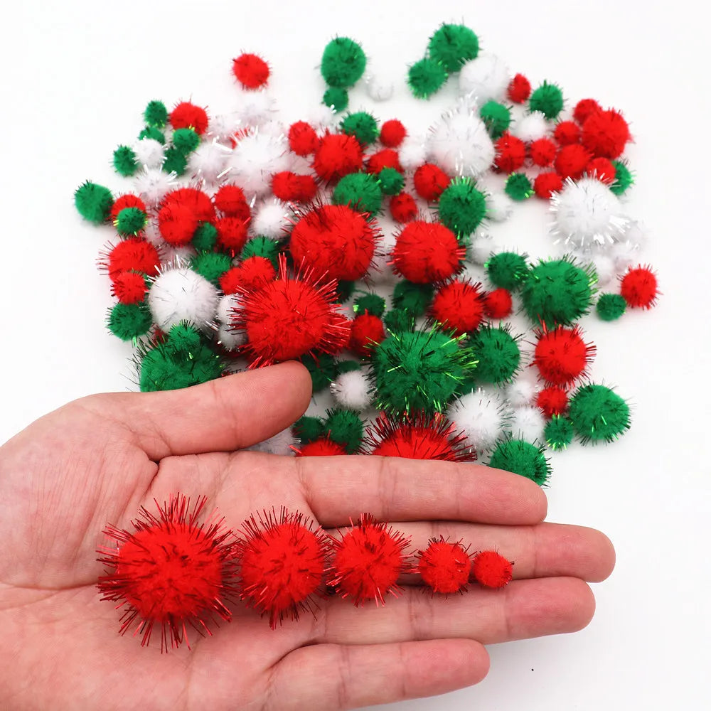 10-30mm Sparkle Glitter Pompoms Balls for Craft White Green Red Plush Glitter Tinsel Pom Pom for Christmas Decor Craft Supplies