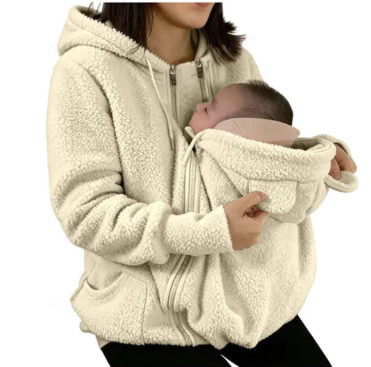 2 in 1 Warm Fleece Hoodie Coat with Baby Carrier Long Sleeve Faux Fur Plush Sweatshirt Outdoor Mom's Hoodie Jacket Baby Bag