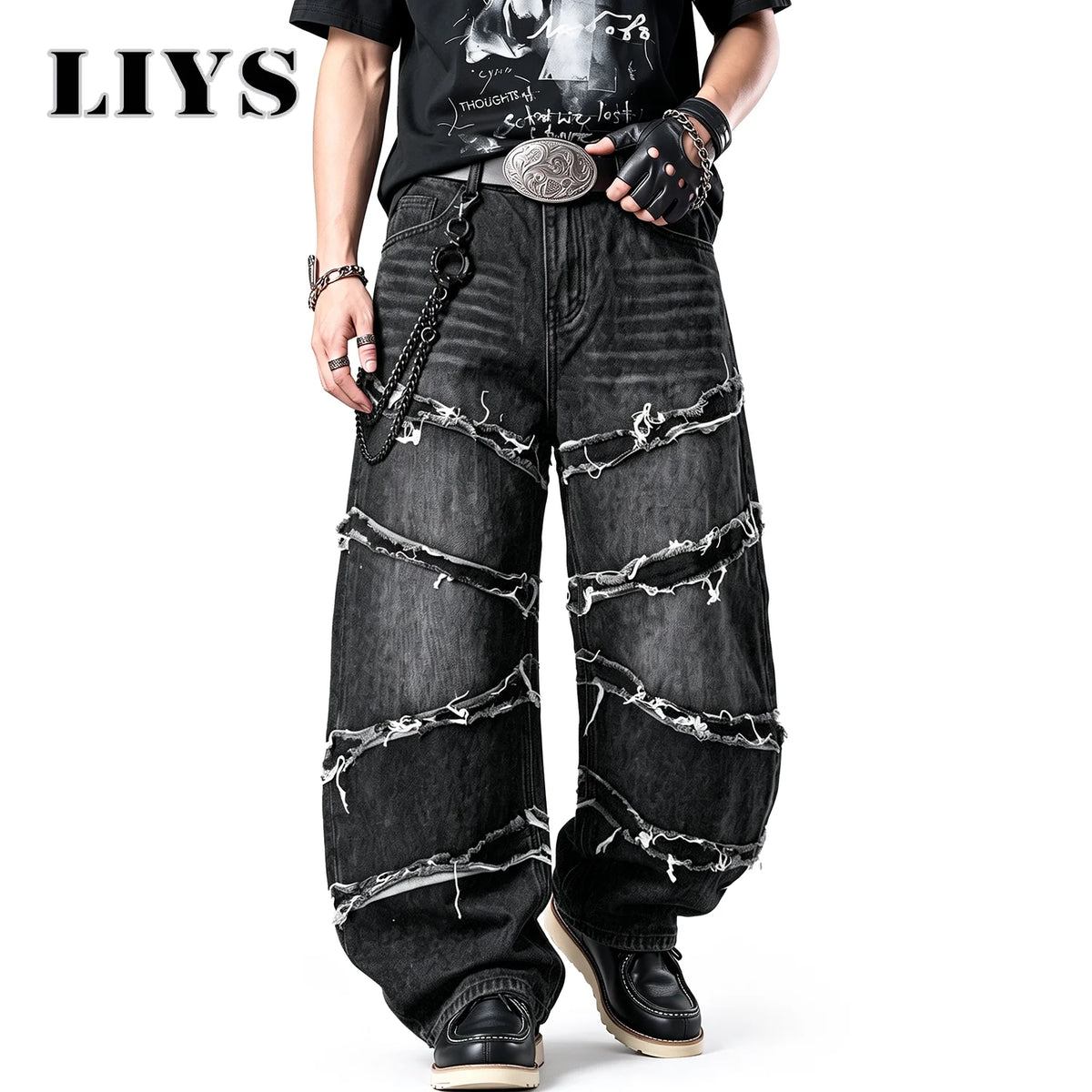 LIYS Men's Gothic Baggy Jeans Raw Frayed Edge Deconstructed Patchwork Wide Leg Denim Pants Y2K Punk Streetwear Trousers ﻿