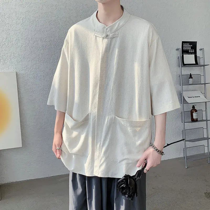 Oversized Men Shirts Cotton Linen Harajuku Style Short Sleeve Shirt Men Loose Trend Solid Color Casual Male Hip Hop Tops 5XL