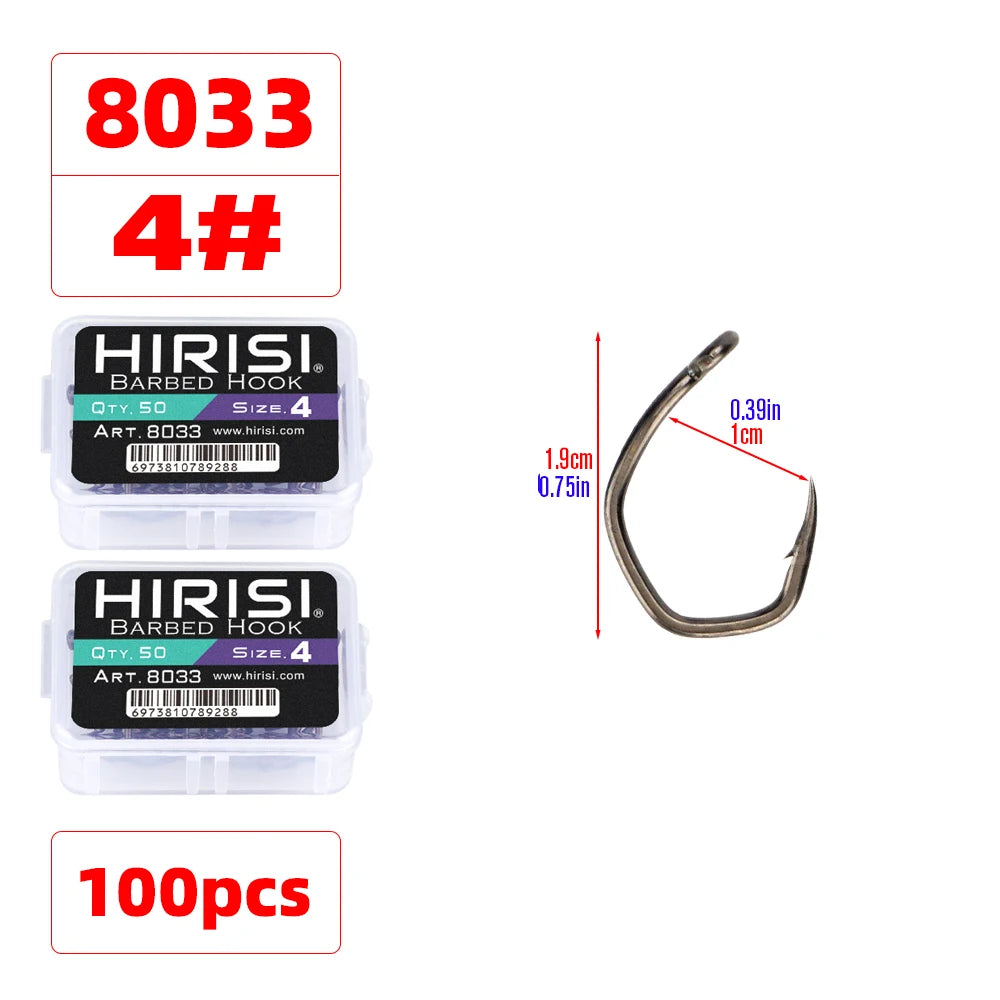 Hirisi 50pcs PTFE Coated High Carbon Stainless Steel Micro Barbed Fish Hook With Eye 8033 Fishing Accessories Spliceable Box