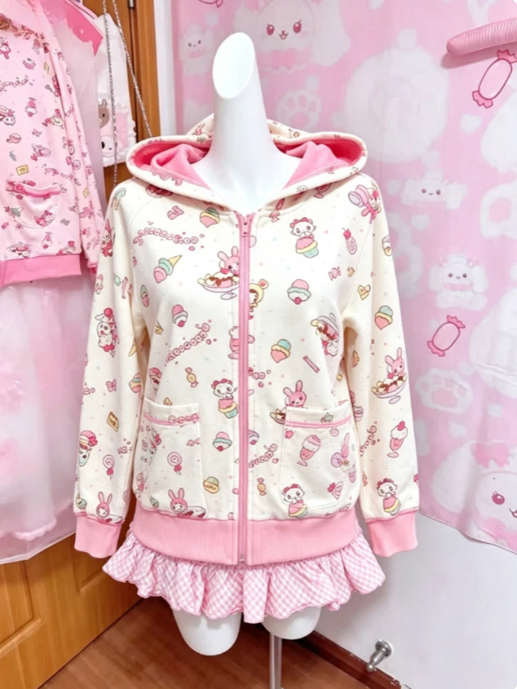 Cute Japanese Printed Cardigan Women Y2K Fairy Grunge Ruffle Patchwork Outerwear Sweet Lolita Harajuku Style Daily Casual Outfit