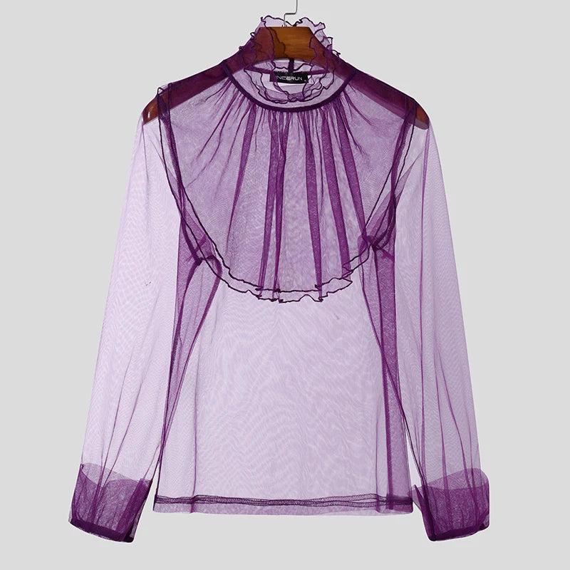 Fashion Well Fitting Tops INCERUN Sexy Men Thin High Neck Shoulder Pleated Shirt Casual Party Nightclub Long Sleeved Blouse 2025