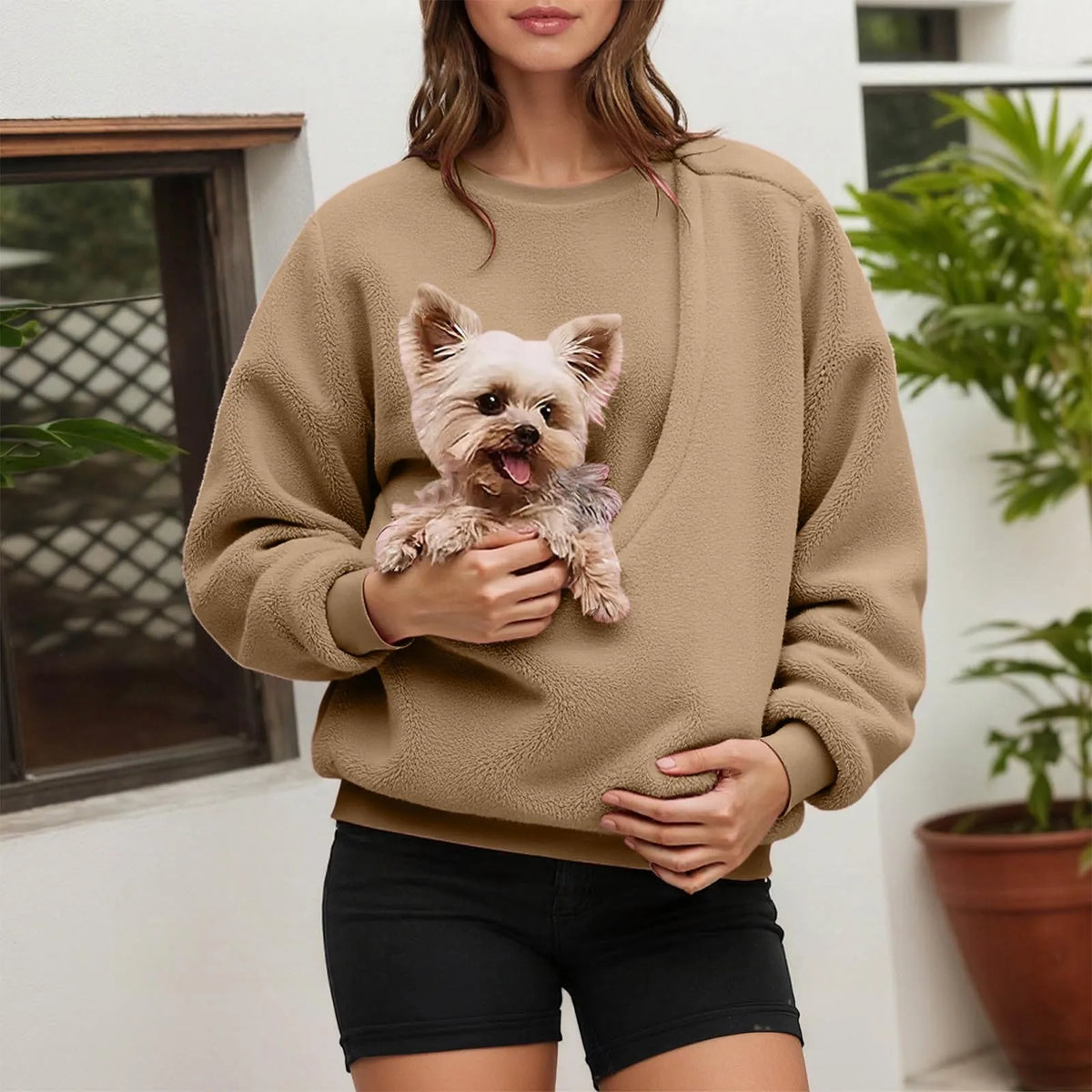 Pet Carrier Unisex Sweatshirt Casual Fleece Fabric Pullover Cozy Long Sleeve Top Couple Matching Pet Pouch Round Neck Shirt