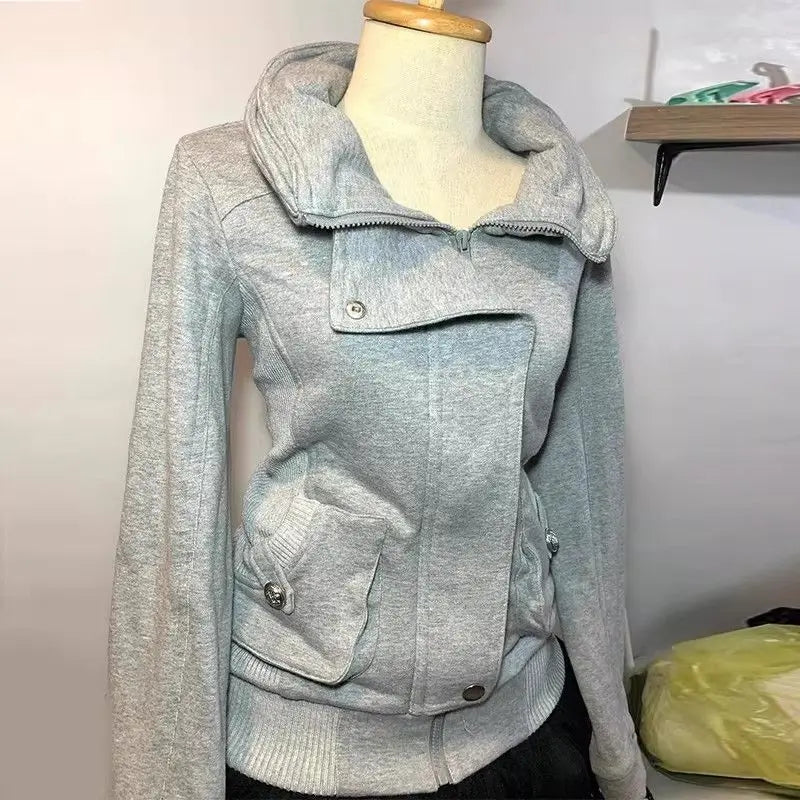 2026 Retro Gray Sweatshirt For Women Vintage High-End Fashion Hoodie Sweatshirt Spring Autumn Women Hooded Jacket New Women Coat