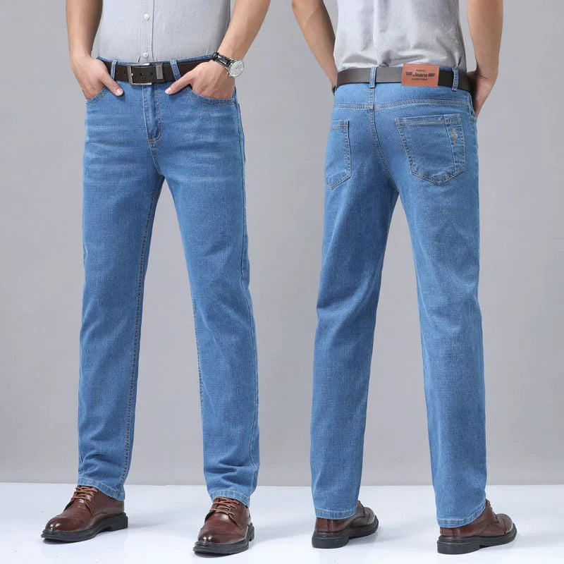 Summer Thin Men's Elastic Cotton Jeans Fashion Sky Blue Comfortable Business Straight Casual Pants Brand Male Clothes Trousers