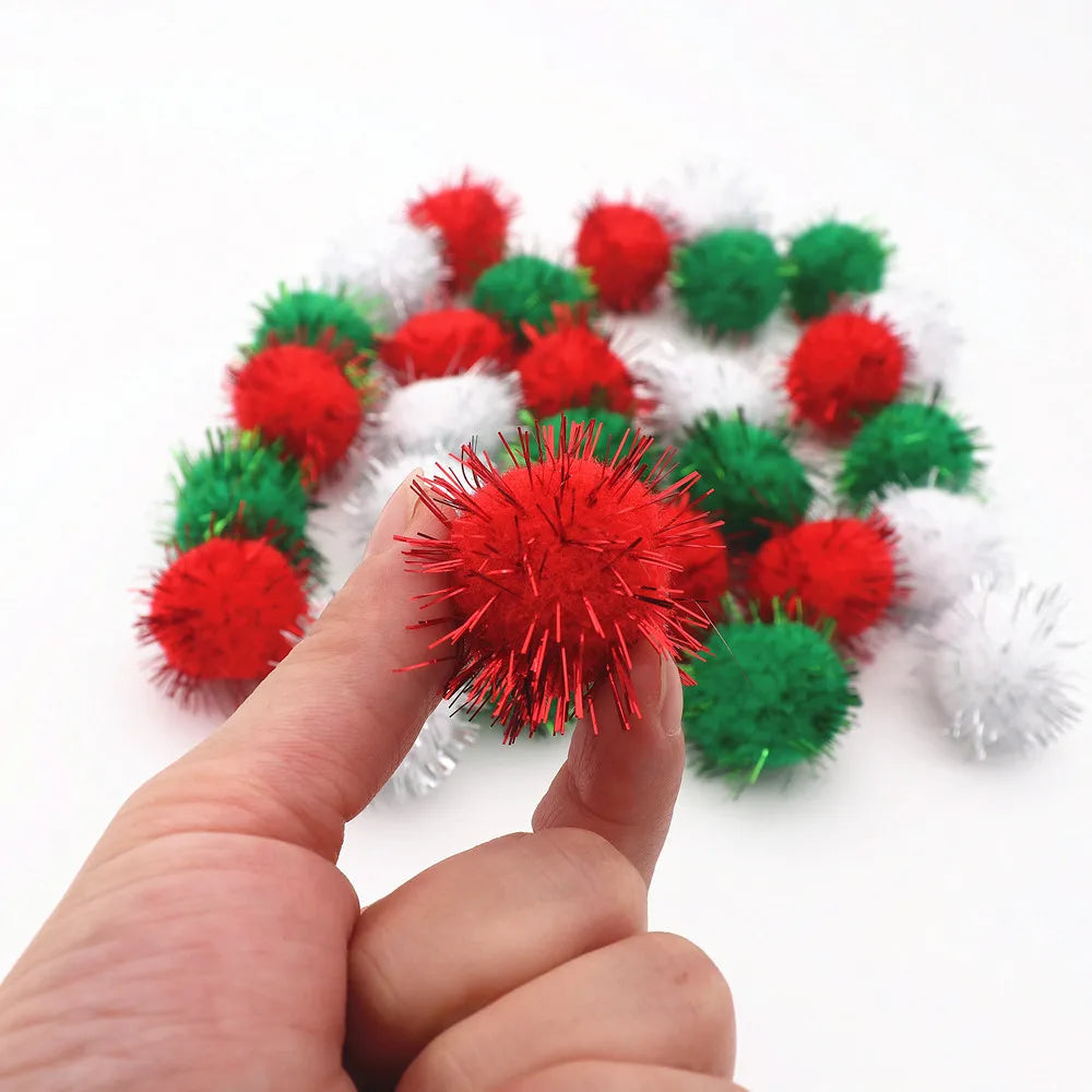 10-30mm Sparkle Glitter Pompoms Balls for Craft White Green Red Plush Glitter Tinsel Pom Pom for Christmas Decor Craft Supplies
