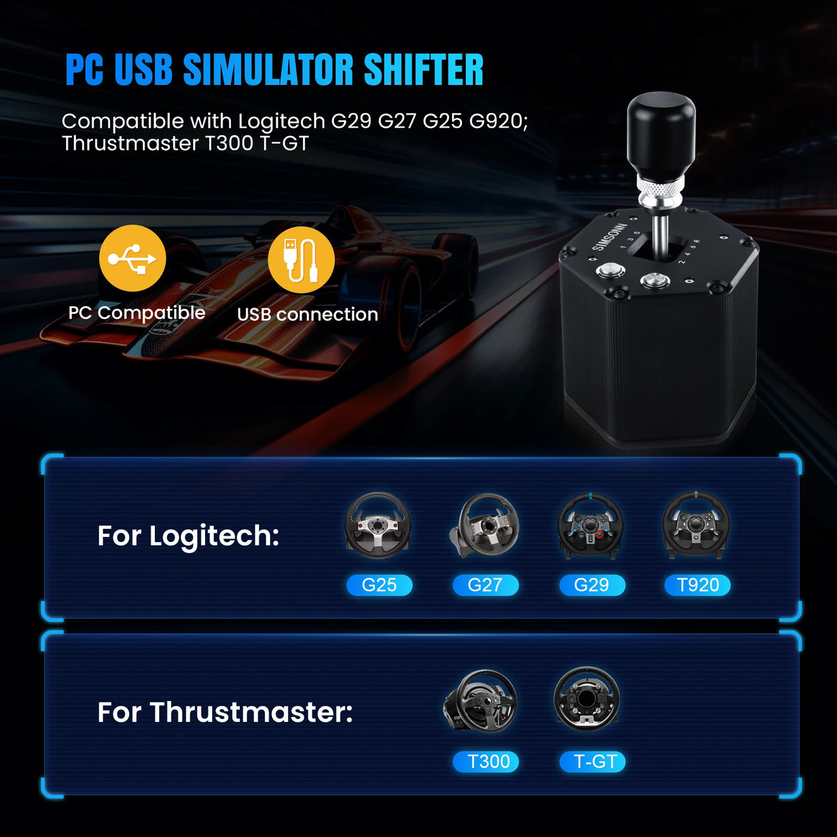 SIMSONN 6+R H Gear Shifter Compatible with Logitech G27 G29 G25 G920 For ETS2 Simracing Game Hall Sensor Sim Shift USB Connection to PC