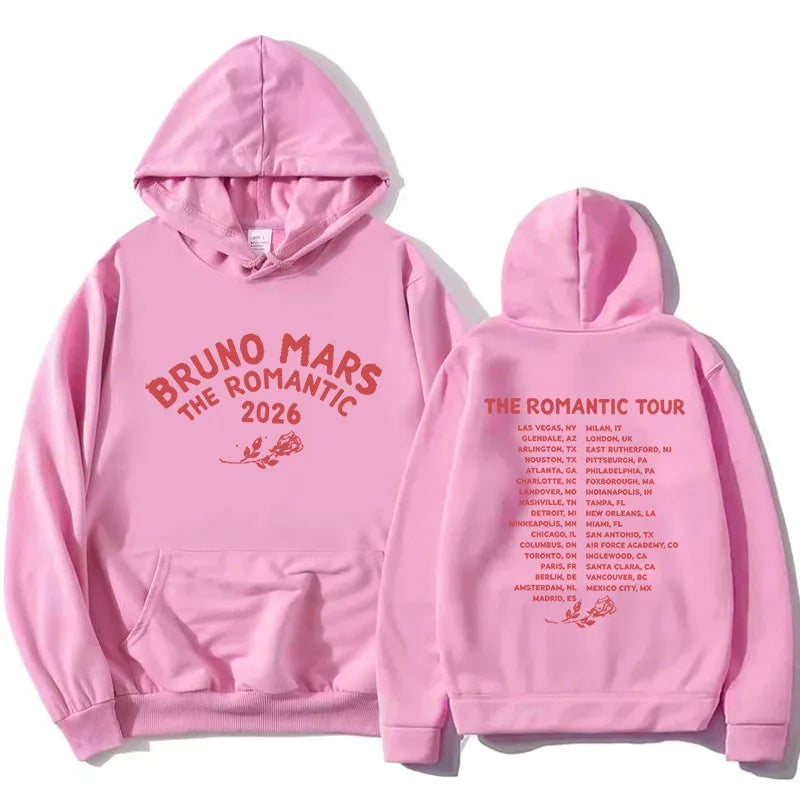 The Romantic Tour Hoodie BRUNO MARS Singer Design Sweatshirt Long Sleeve Loose Hooded Pullovers Women Men Clothing Print Merch
