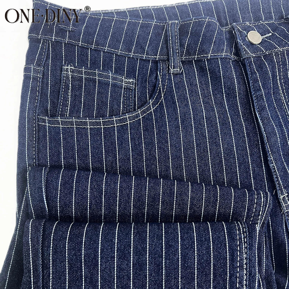 ONE·DINY Light Blue White Striped Jacquard Slim Elastic Fit Straight Leg Jeans Business Casual Style Commuting Denim Pants﻿