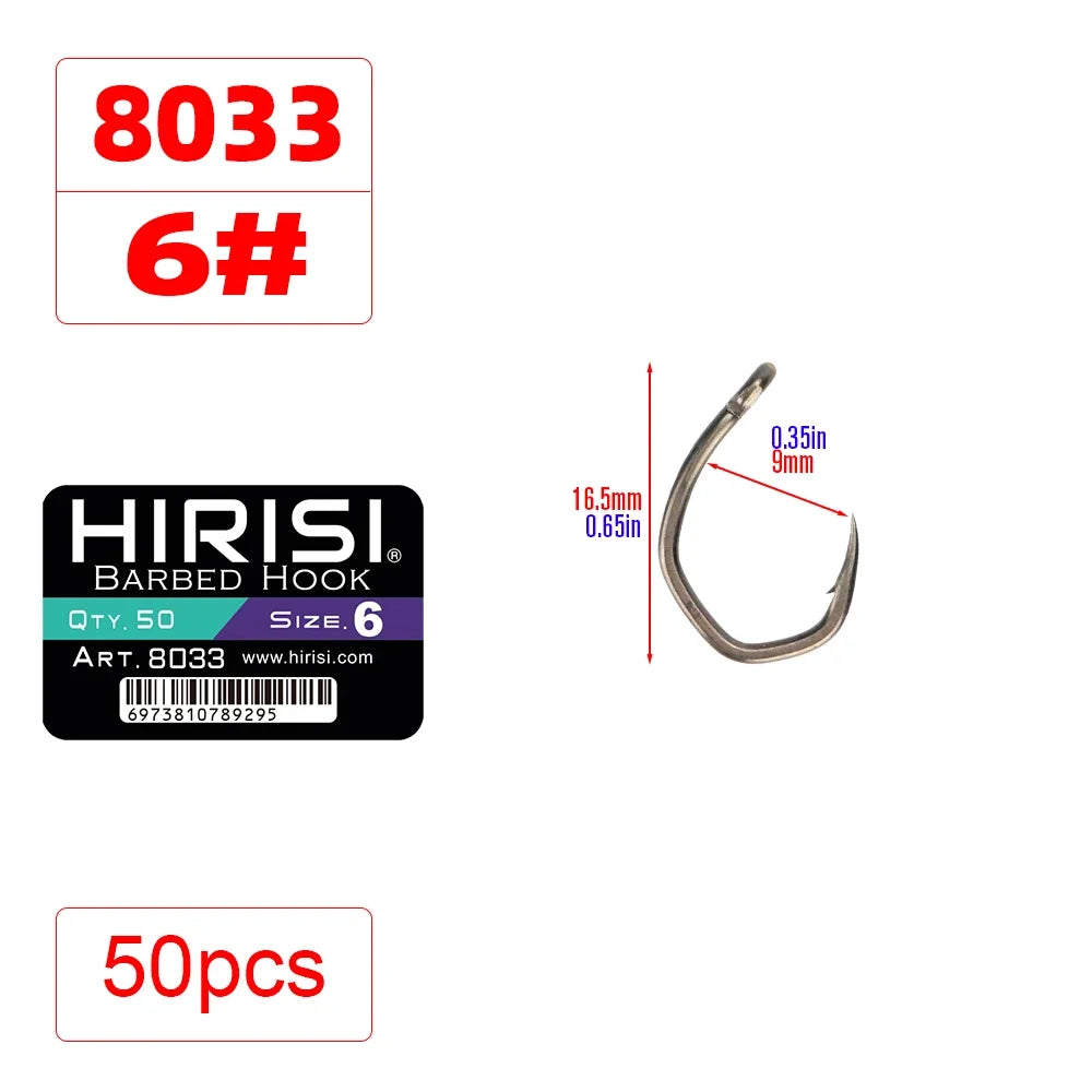 Hirisi 50pcs PTFE Coated High Carbon Stainless Steel Micro Barbed Fish Hook With Eye 8033 Fishing Accessories Spliceable Box