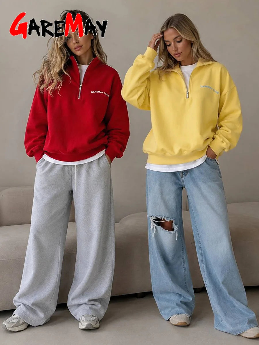 Fashion Women's Zip-up Sweatshirt Oversized Autumn Red Vintage Pinterest Sweatshirt with Zipper Cotton Long-sleeved Street Style