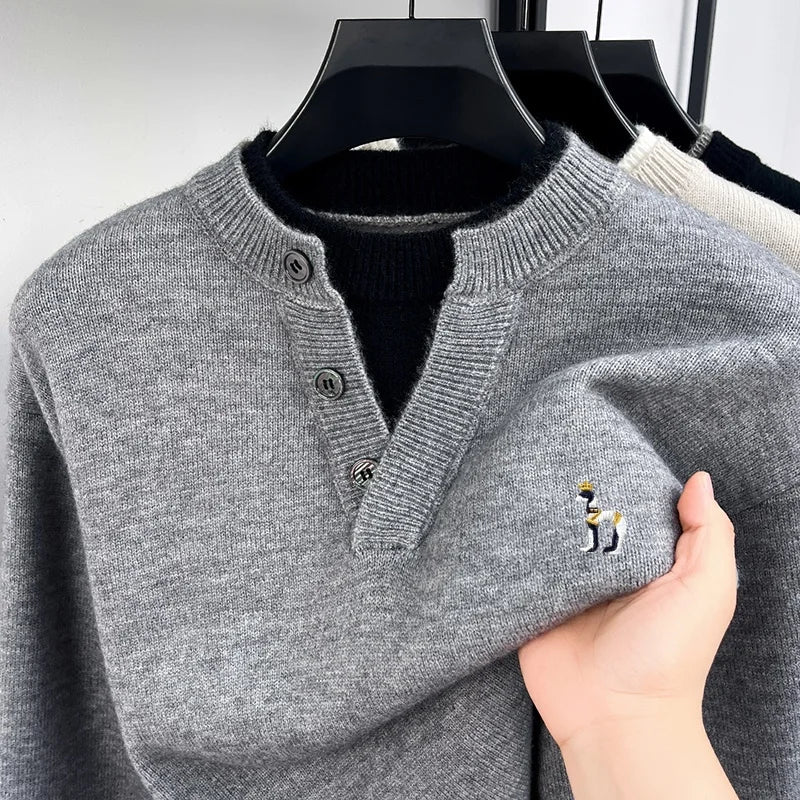 Korean Version Fashion Men‘s Long-Sleeved Knitwear Button Color Blocking False Two-Piece Embroidery Sweater Hot-Selling for Men