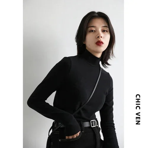 CHIC VEN Women Sweatshirt Turtleneck Pullovers Casual Solid Dralon Warm Bottom Blouse Office Lady Tops Autumn Winter 2023