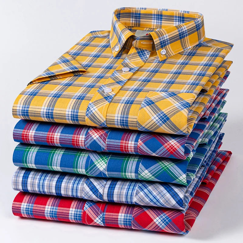 Fashion Korean Plus Size 8XL 100%Cotton Short Sleeve Shirts for Men Slim Fit Formal Plain Shirt Plaid Hawaiian Shirt Casual Top