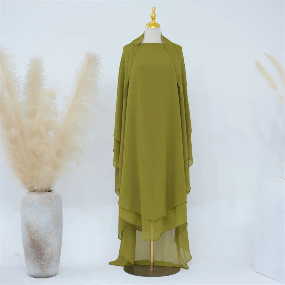 Two Layer Chiffon Extra Long Khimar Niqab Eid Ramadan Muslim Women Islamic Clothing Prayer Garment Overhead Abaya Dress Kaftan