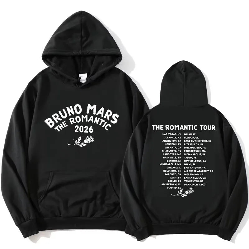 The Romantic Tour Hoodie BRUNO MARS Singer Design Sweatshirt Long Sleeve Loose Hooded Pullovers Women Men Clothing Print Merch