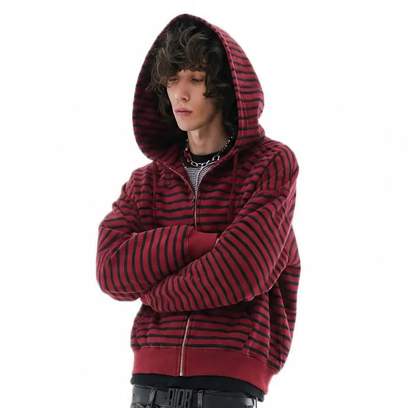 Unisex Striped Cropped Zip Up Hoodie Vintage Loose Horizontal Stripe Full Zip Hooded Jackets Autumn Casual Daily Streetwear Tops
