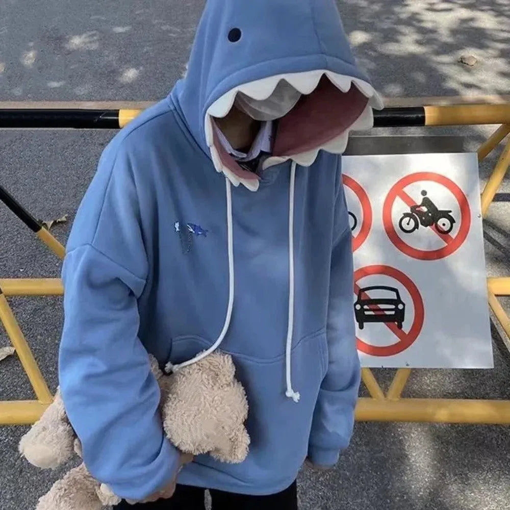 Aesthetic Long Sleeve Fleece Shark Hoodies Drawstring Top Coat Hooded Sweatshirts Casual Loose Shark Hat Sweater School Student