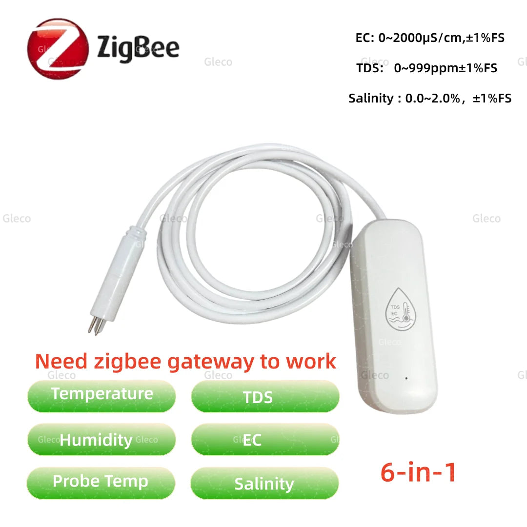 7in1 Zigbee Water Quality Monitor Smart Home Probe Temperature Humidity Sensor TDS SG Meter EC Salnity Tester For Zigbee2mqtt