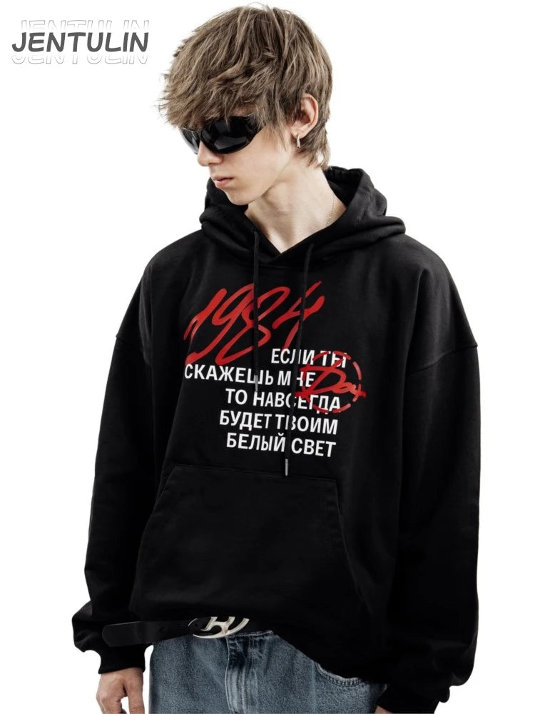 Harajuku Streetwear Pullovers Men's Hoodies 1984 Graphic Letter Print Hooded Loose Sweatshirts Hip Hop Aesthetic Tops Gothic Y2k