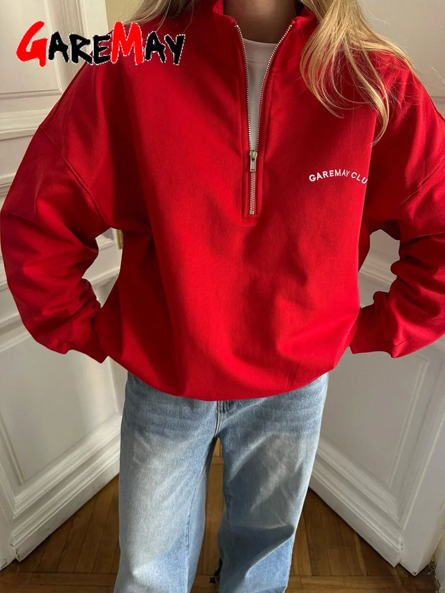 Fashion Women's Zip-up Sweatshirt Oversized Autumn Red Vintage Pinterest Sweatshirt with Zipper Cotton Long-sleeved Street Style