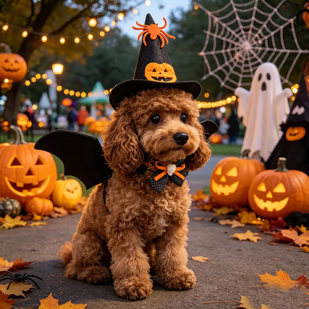 3 PCS Halloween Pet Costume Accessories,Witch Hat,Bat Wing Harness,Skull Bow Tie,Halloween Decors Dress Up for Cat Small Dog