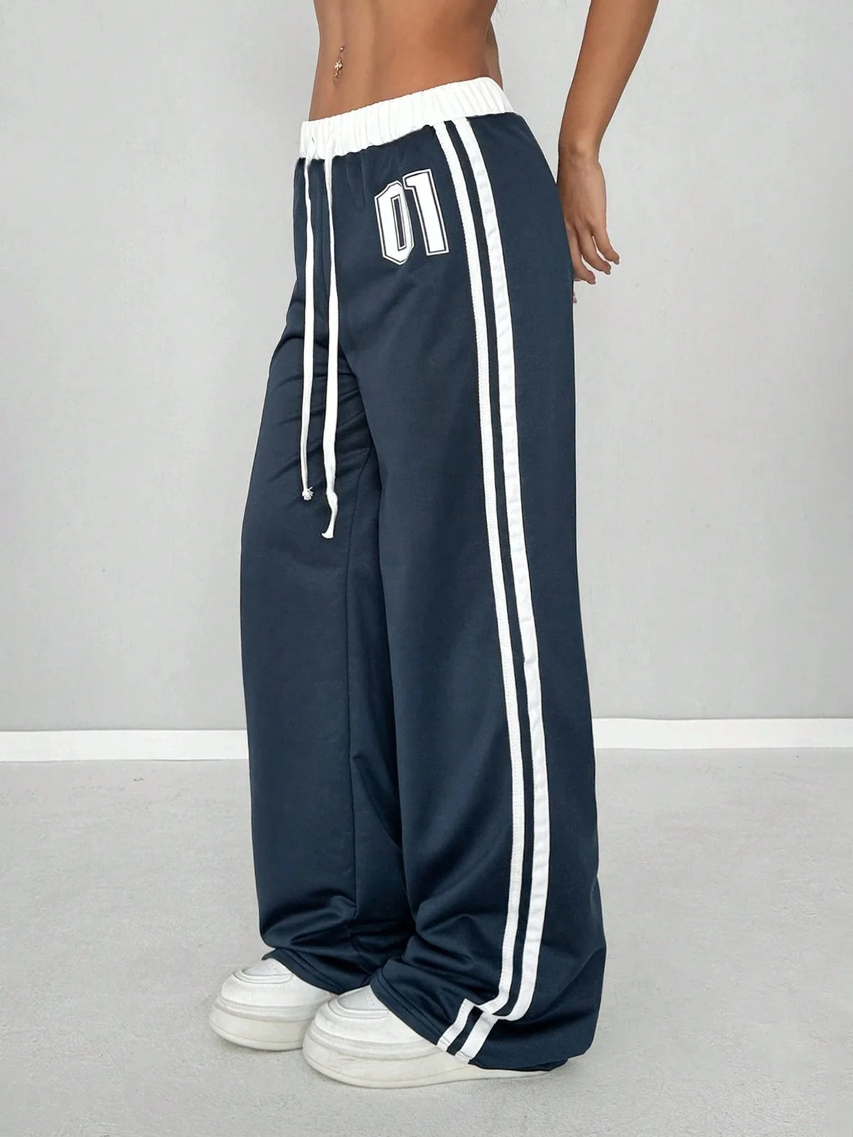 Women’s Colour-Blocked Digital-Print Belted Patchwork Casual Sports Streetwear Loose-Fit Long Sports Trousers
