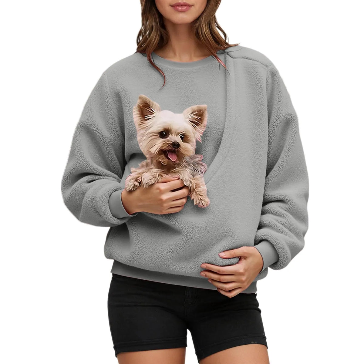 Pet Carrier Unisex Sweatshirt Casual Fleece Fabric Pullover Cozy Long Sleeve Top Couple Matching Pet Pouch Round Neck Shirt