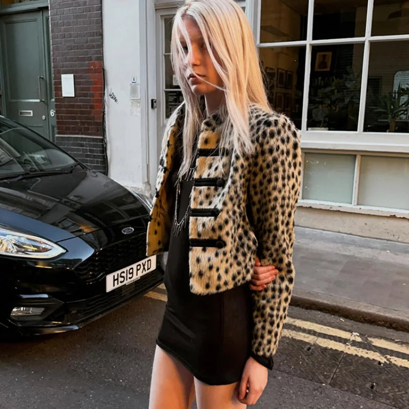 Women Leopard Print Faux Fur Jacket Mandarin Collar Chinese Frog Closure Cropped Vintage Y2K Slim Fit Coat Ladies Outerwear