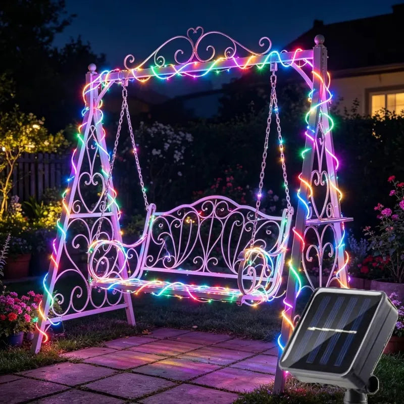 New 1 Pack of 100 LED Solar String Lights. Waterproof Tubular Rope Lights for Outdoor Gardens. The Fairy Wreath Lights Are Powered by Solar Energy and Are Perfect for Christmas Parties, Festivals, and Outdoor Landscape Decora