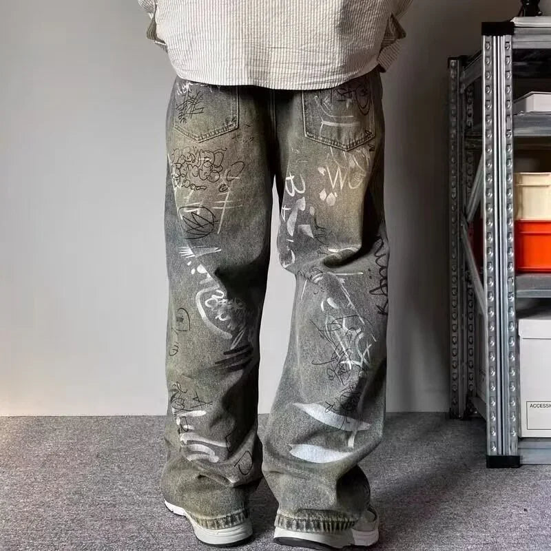 Men's Y2K Graffiti Printed Baggy Jeans New Vintage Distressed Blue Harajuku Denim Pants High Street Straight-leg Jean Trousers
