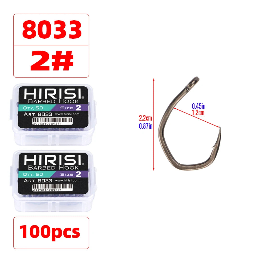 Hirisi 50pcs PTFE Coated High Carbon Stainless Steel Micro Barbed Fish Hook With Eye 8033 Fishing Accessories Spliceable Box