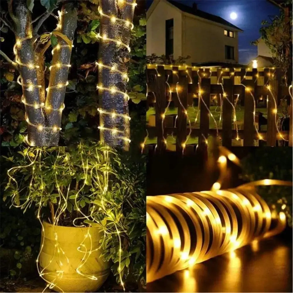 New 1 Pack of 100 LED Solar String Lights. Waterproof Tubular Rope Lights for Outdoor Gardens. The Fairy Wreath Lights Are Powered by Solar Energy and Are Perfect for Christmas Parties, Festivals, and Outdoor Landscape Decora