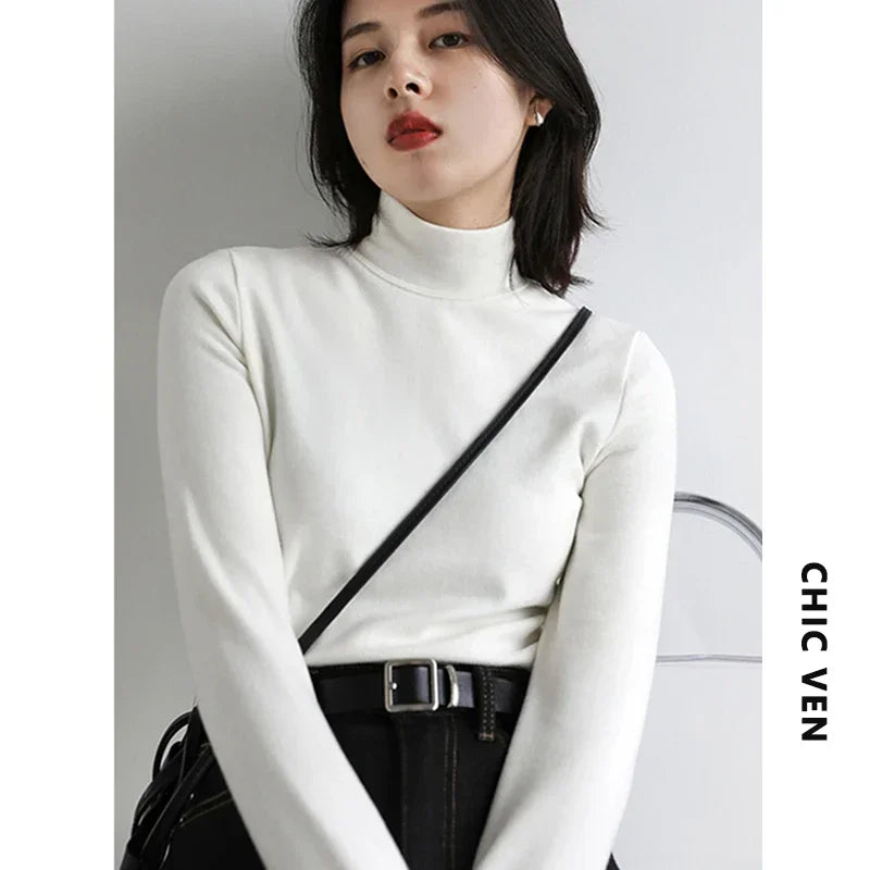 CHIC VEN Women Sweatshirt Turtleneck Pullovers Casual Solid Dralon Warm Bottom Blouse Office Lady Tops Autumn Winter 2023