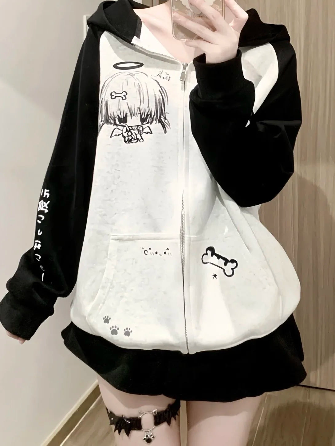 Japanese Contrast Color Hooded Tops Women Y2k Aesthetic Cartoon Print Grunge Hoodie Casual Zip Up Sweatshirt Harajuku Streetwear
