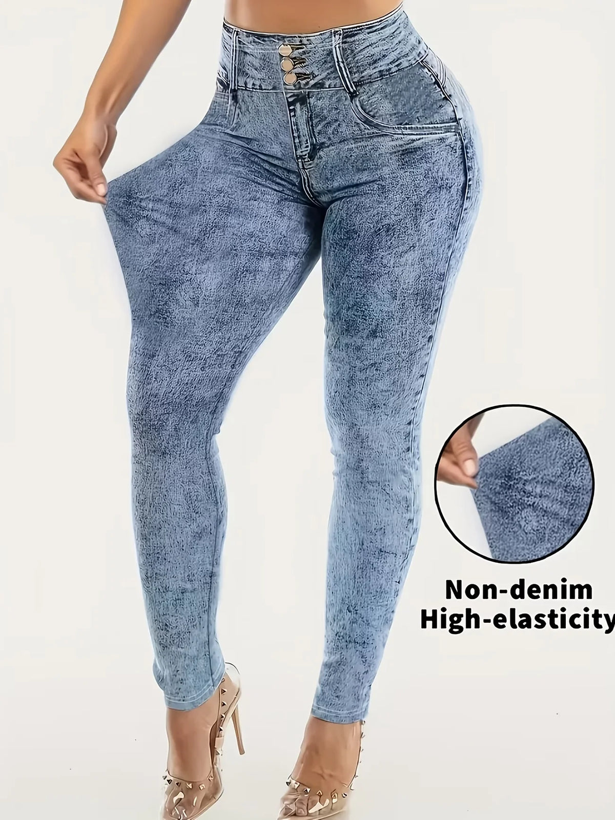 Women Printed Leggings Not Denim Fabric, Fake Pocket & Button Print Design Pants, High Elastic Fashion Slim Fit Skinny Casual