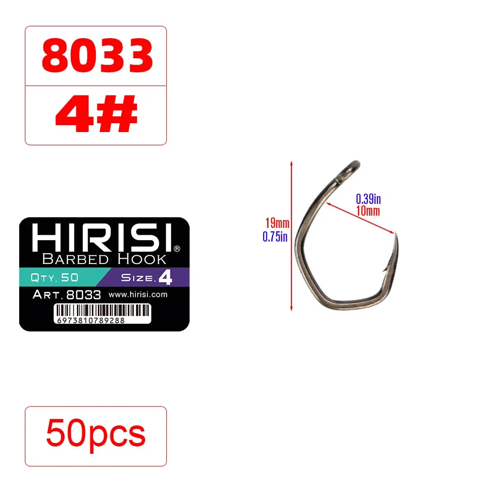 Hirisi 50pcs PTFE Coated High Carbon Stainless Steel Micro Barbed Fish Hook With Eye 8033 Fishing Accessories Spliceable Box