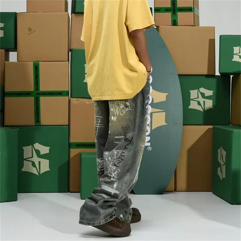 Men's Y2K Graffiti Printed Baggy Jeans New Vintage Distressed Blue Harajuku Denim Pants High Street Straight-leg Jean Trousers