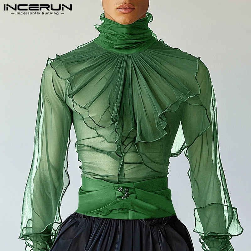 Fashion Well Fitting Tops INCERUN Sexy Men Thin High Neck Shoulder Pleated Shirt Casual Party Nightclub Long Sleeved Blouse 2025