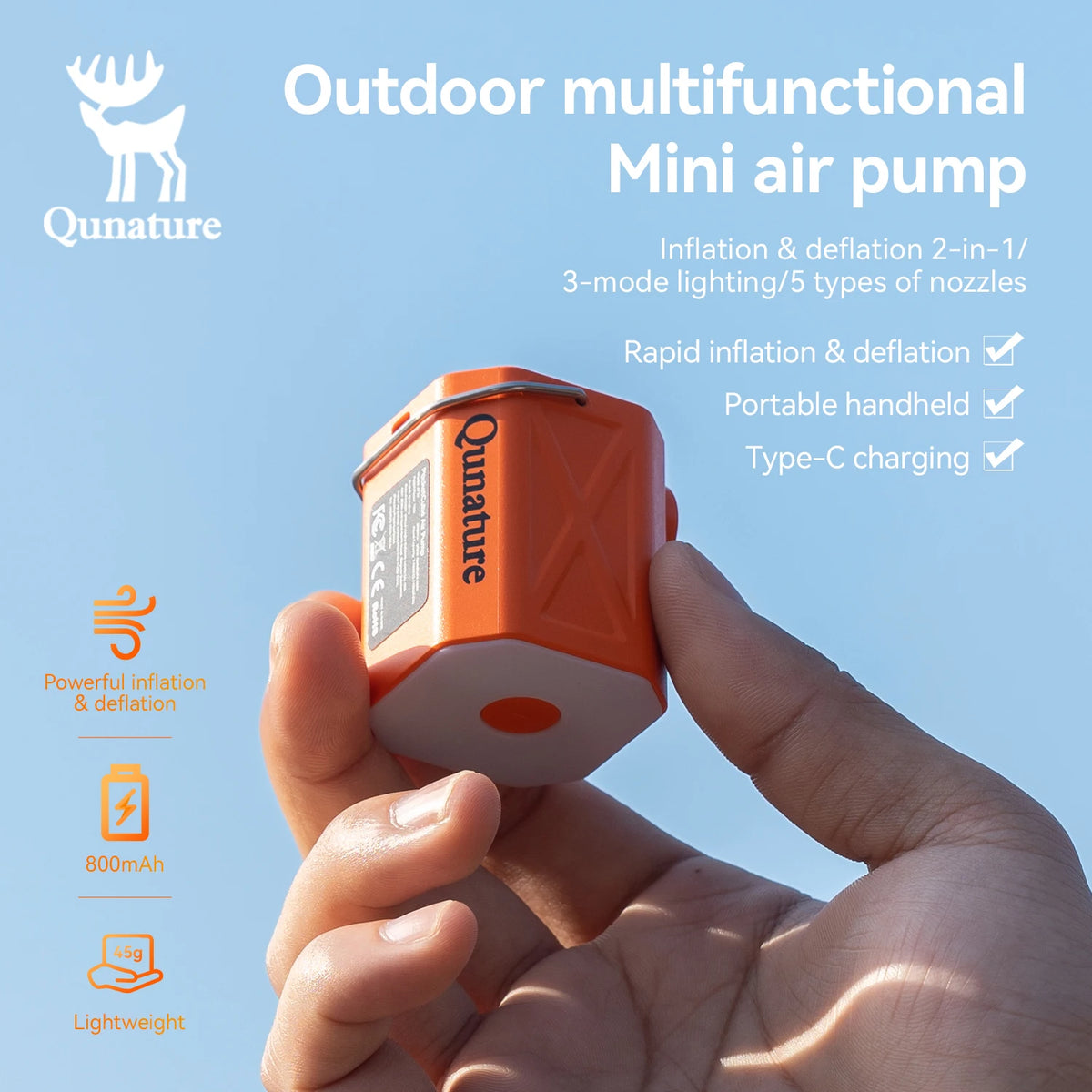 Qunature Air Pump Inflatable Outdoor Electric Inflator for Mattresses Pillows 3-mode lighting Portable Lightweight Pump