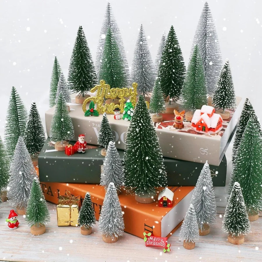 10/12pcs Mini Artificial Christmas Tree Ornaments Desktop Miniature Ornaments Wood Base DIY Crafts Pine Needle Tree Window Decor