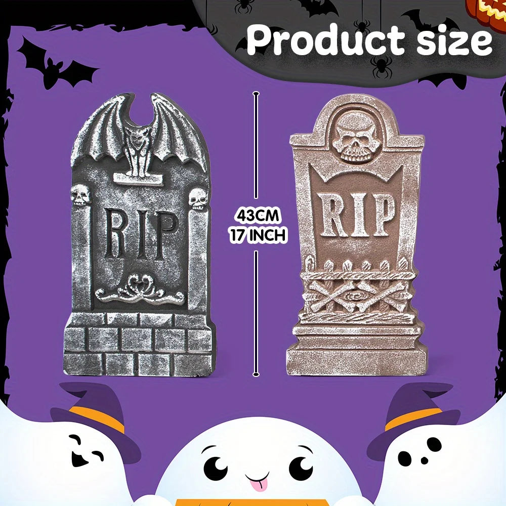 17'' Foam RIP Graveyard Tombstones Halloween Halloween Tombstones Outdoor Decorations for Graves Decorations with 12 Metal Stakes for Cemetery Yard Lawn Party Decor