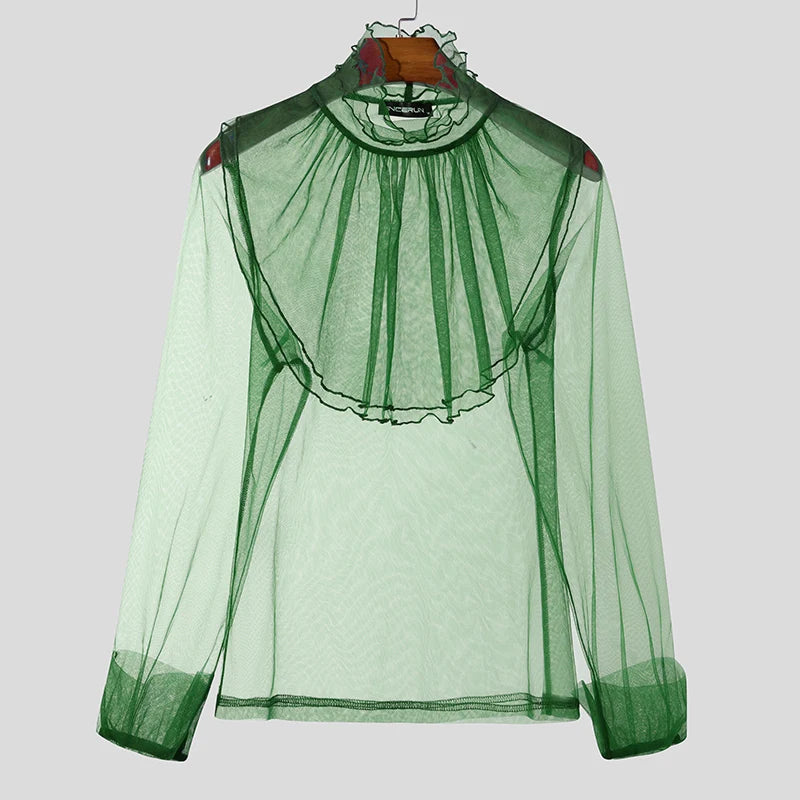 Fashion Well Fitting Tops INCERUN Sexy Men Thin High Neck Shoulder Pleated Shirt Casual Party Nightclub Long Sleeved Blouse 2025