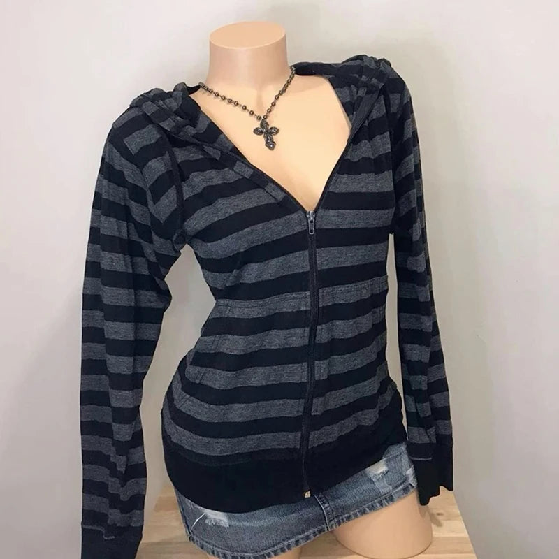 Vintage vibe Hip Hop Y2K Zip up hoodie Stripe Harajuku Punk jacket Streetwear Subculture Zipper Hoodie sweatshirt Gothic Clothes