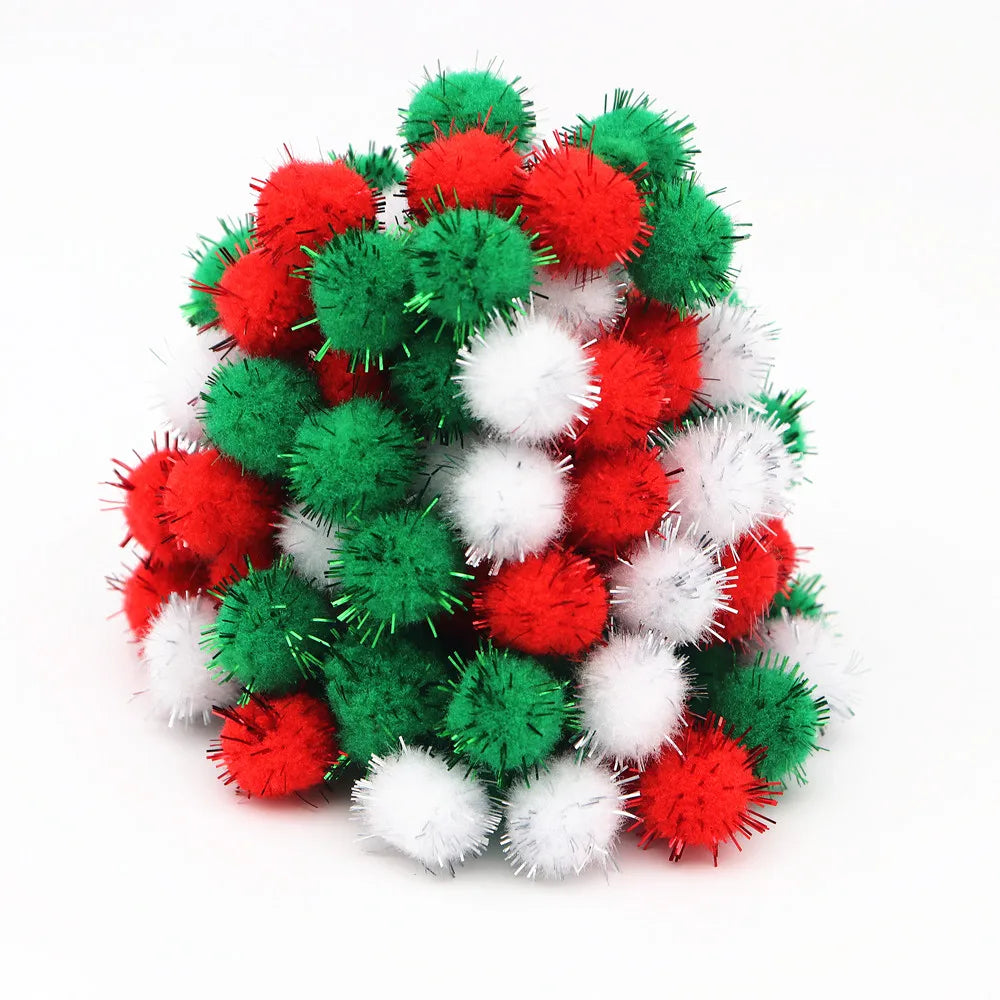10-30mm Sparkle Glitter Pompoms Balls for Craft White Green Red Plush Glitter Tinsel Pom Pom for Christmas Decor Craft Supplies