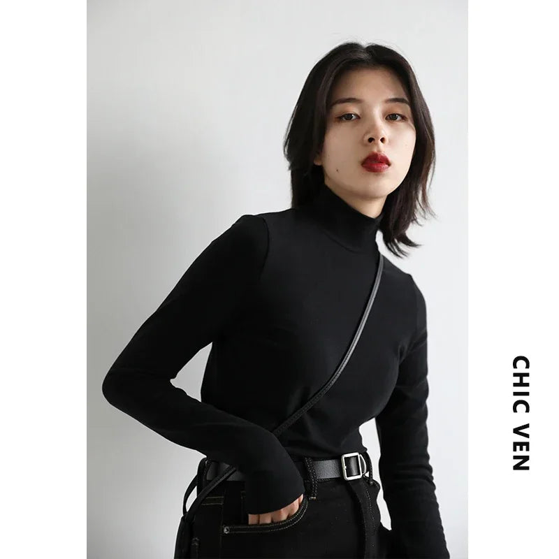 CHIC VEN Women Sweatshirt Turtleneck Pullovers Casual Solid Dralon Warm Bottom Blouse Office Lady Tops Autumn Winter 2023