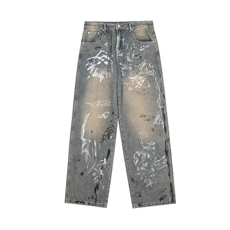 Men's Y2K Graffiti Printed Baggy Jeans New Vintage Distressed Blue Harajuku Denim Pants High Street Straight-leg Jean Trousers