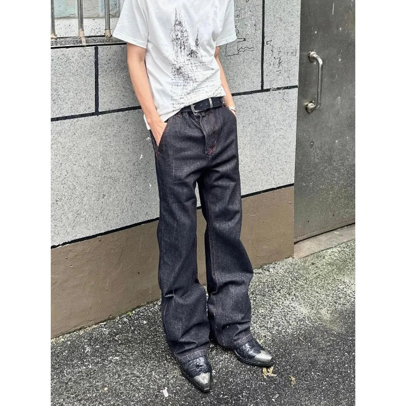 Men American Vintage Denim Red Stitch Raw Black Straight Micro Flare Jeans Slim Fit Fashion Casual Stretch Long Denim Trousers